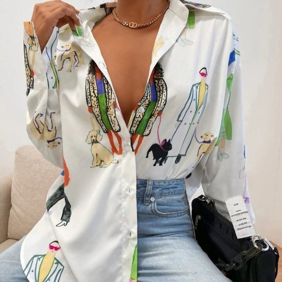 MODA ME COUTURE Tops - Firgure Print Contemporary Button down long sleeve blouse top